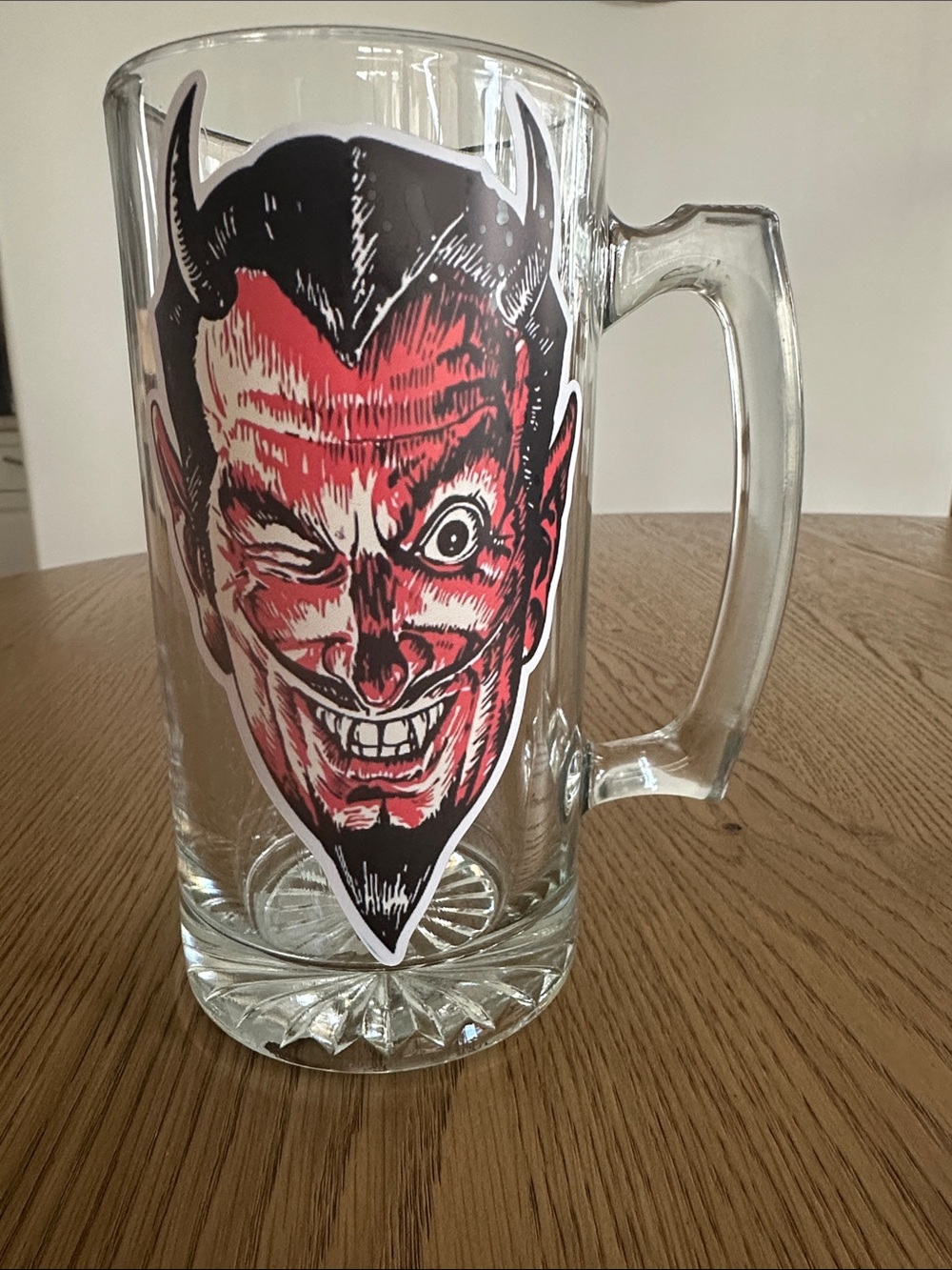 Clear Glass Beer Mug with Red Devil Face Art